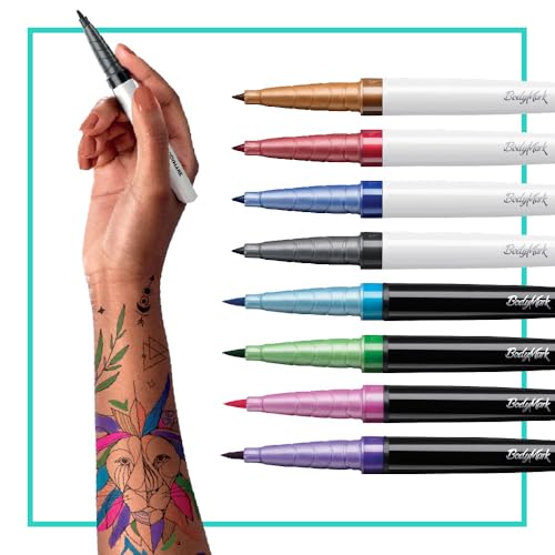 BodyMark Temporary Tattoo Markers, 8-Count Color Collection, Skin-Safe & Cosmetic Quality, Cruelty-Free, Long-Lasting, Flexible Brush Tip, Stencils Included