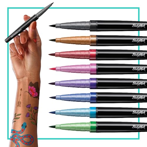 BodyMark Temporary Tattoo Markers, 8-Count Color Collection, Skin-Safe & Cosmetic Quality, Cruelty-Free, Long-Lasting, Flexible Brush Tip, Stencils Included