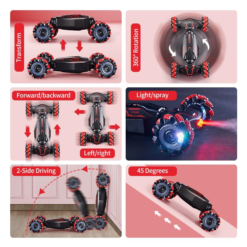 4WD Remote Control Gesture Sensor Car,Hand Controlled RC Stunt Car,Double-Sided Vehicle 360° Rotation with Light and Music Spray, Watch Toy Cars for Boys & Girls Birthday