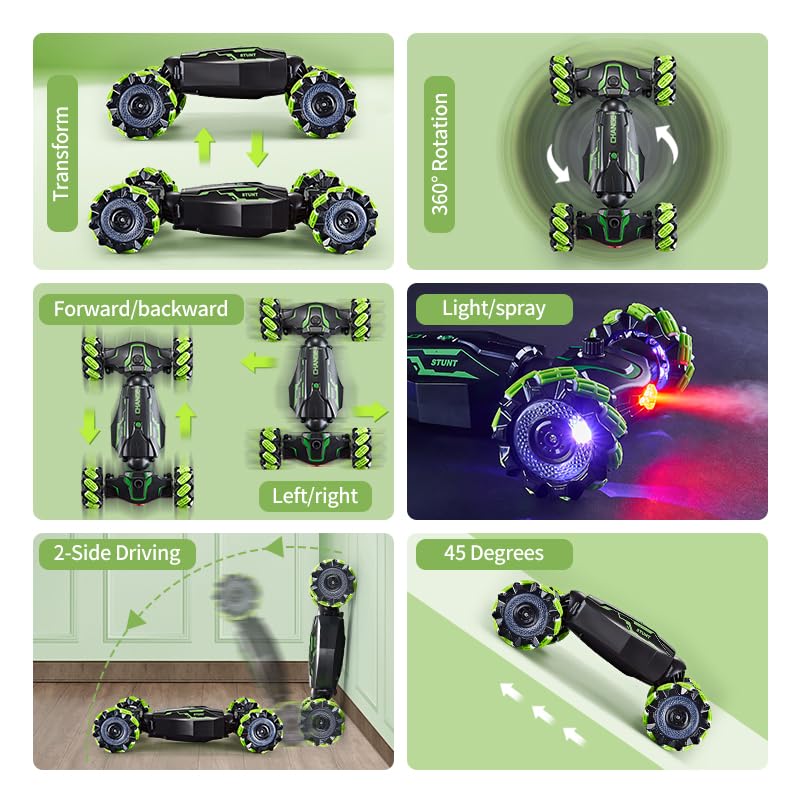 4WD Remote Control Gesture Sensor Car,Hand Controlled RC Stunt Car,Double-Sided Vehicle 360° Rotation with Light and Music Spray, Watch Toy Cars for Boys & Girls Birthday