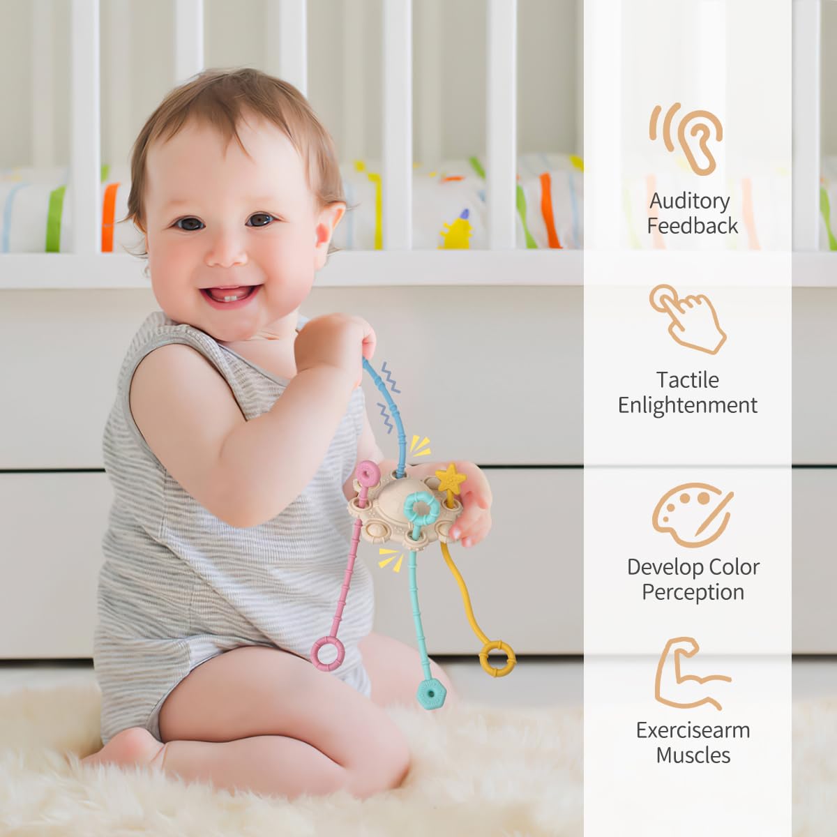 Montesorri-Toys - Pull String Toys for Baby - Made of 100% Food Grade Silicone with Built-in Rattle Function and Easy to Clean Design (Blue)