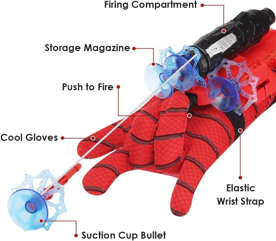 Superhero Costume Spider Web String Launcher Slinging Toy Set, Includes 2 Web Shooters, 2 Gloves, 2 Hero Masks, 1 Dart Board and 1 Cape, Ideal for Kids Indoor Outdoor Imaginative Role-Playing