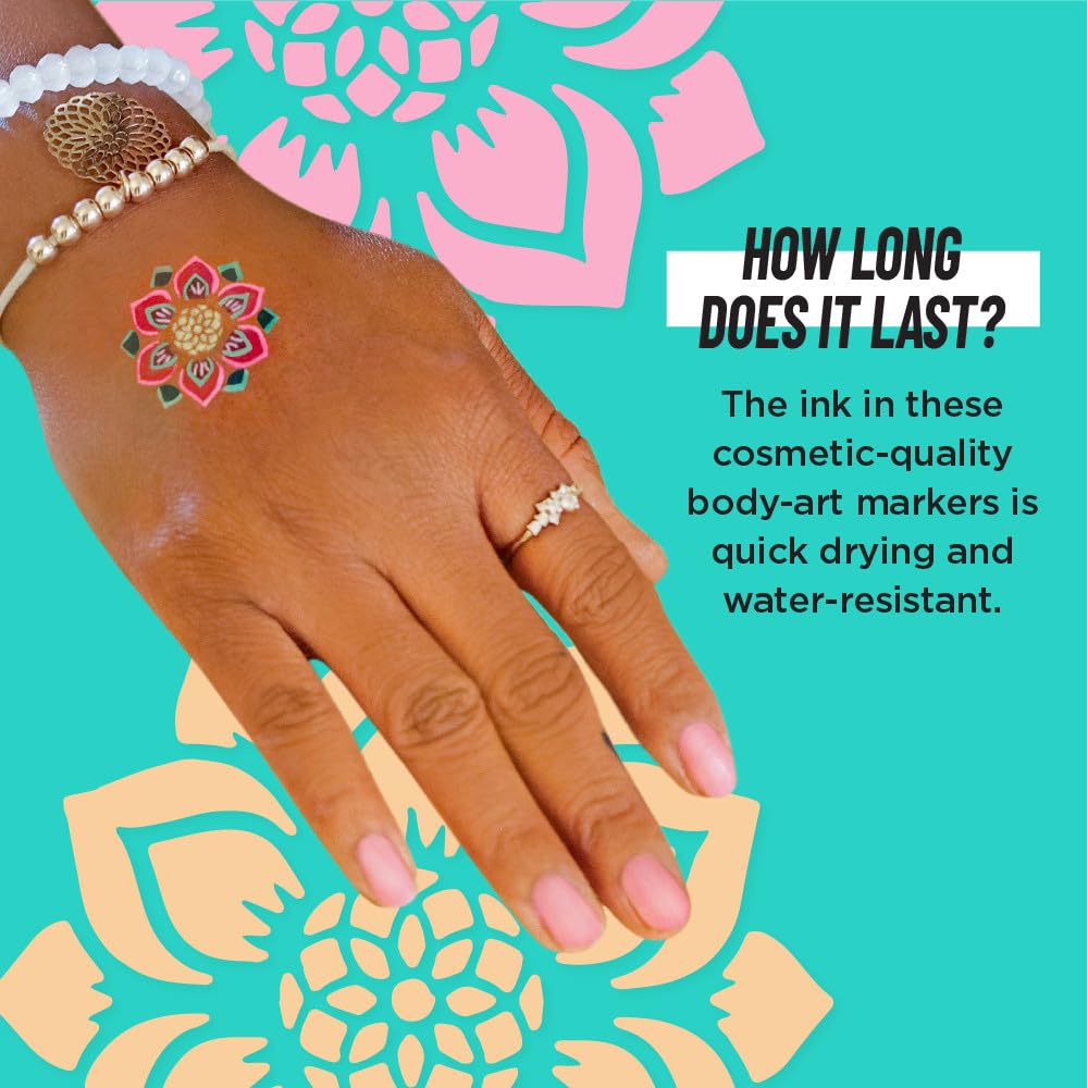 BodyMark Temporary Tattoo Markers, 8-Count Color Collection, Skin-Safe & Cosmetic Quality, Cruelty-Free, Long-Lasting, Flexible Brush Tip, Stencils Included