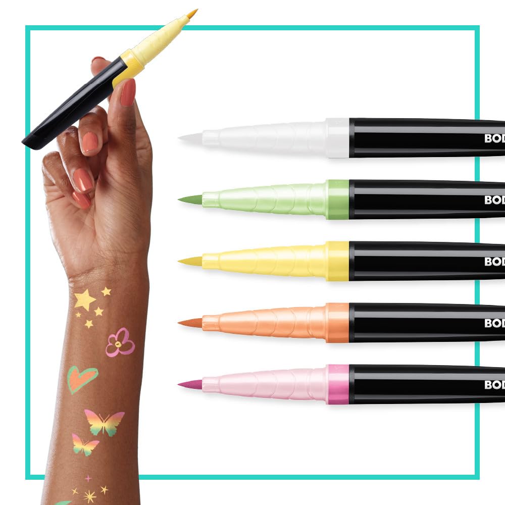 BodyMark Temporary Tattoo Markers, 8-Count Color Collection, Skin-Safe & Cosmetic Quality, Cruelty-Free, Long-Lasting, Flexible Brush Tip, Stencils Included