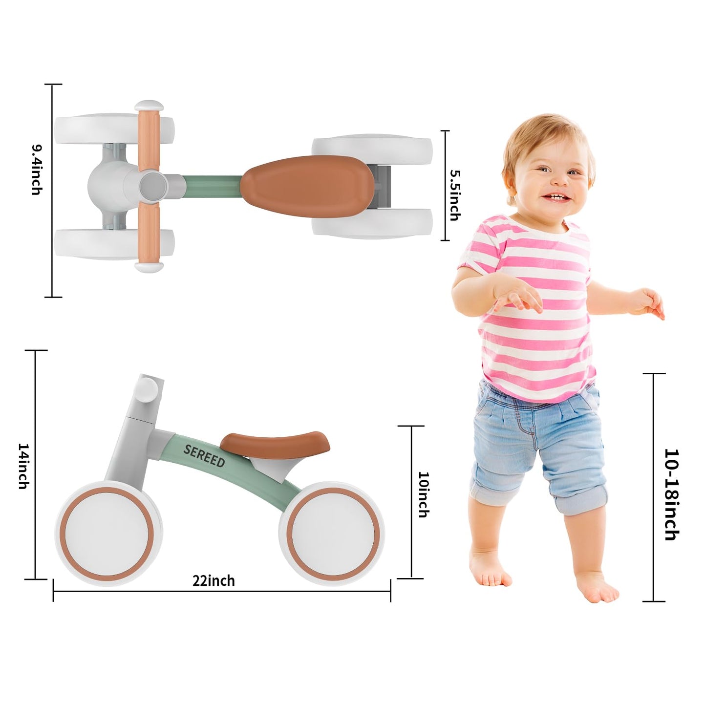 SEREED Baby Balance Bike for 1 Year Old Boys Girls 12-24 Month Toddler Balance Bike, 4 Wheels Toddler First Bike, First Birthday Gifts