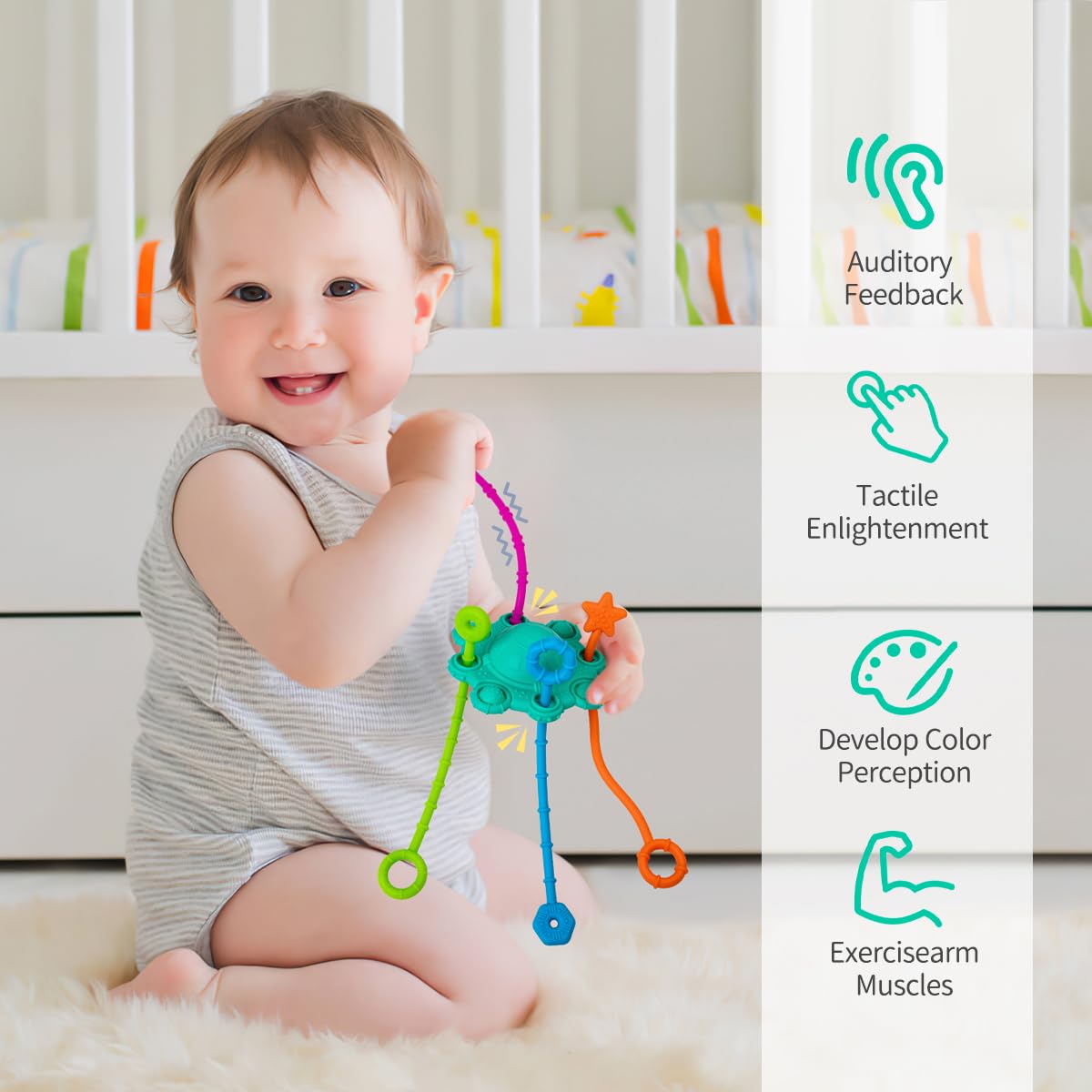 Montesorri-Toys - Pull String Toys for Baby - Made of 100% Food Grade Silicone with Built-in Rattle Function and Easy to Clean Design (Blue)