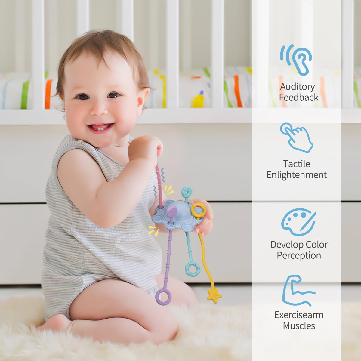 Montesorri-Toys - Pull String Toys for Baby - Made of 100% Food Grade Silicone with Built-in Rattle Function and Easy to Clean Design (Blue)