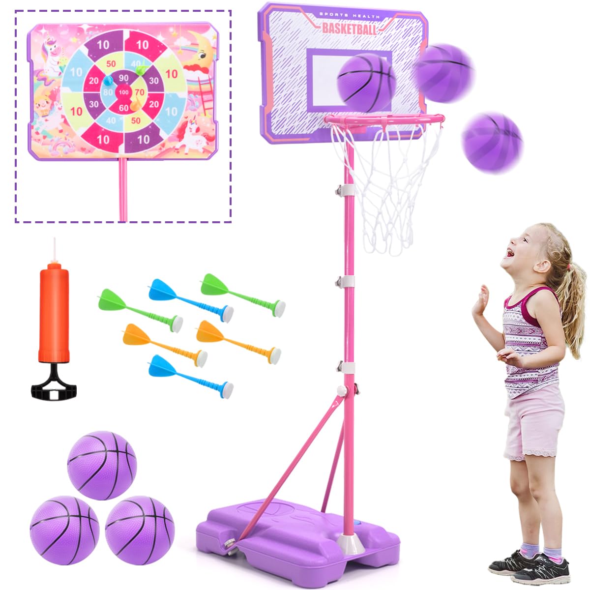 Meland Kids Basketball Hoop, Adjustable Height 3.4ft-6.2ft Toddler Basketball Hoop for Kids Basketball Goal Indoor Outdoor Toys Outside Toys for Boys 3-8
