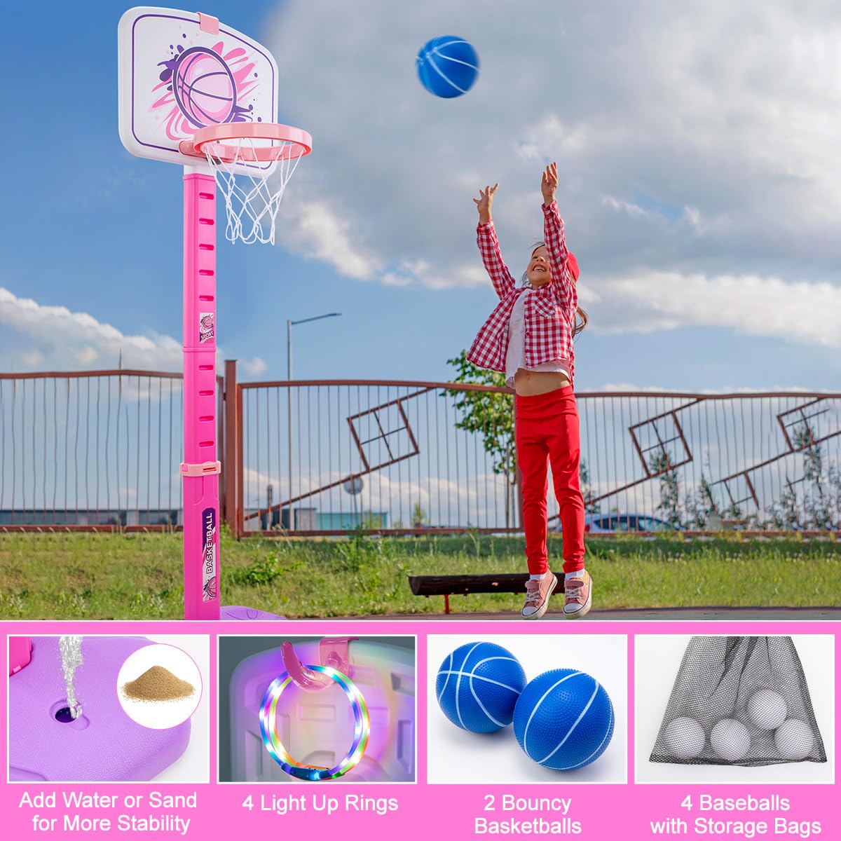 Meland Kids Basketball Hoop, Adjustable Height 3.4ft-6.2ft Toddler Basketball Hoop for Kids Basketball Goal Indoor Outdoor Toys Outside Toys for Boys 3-8