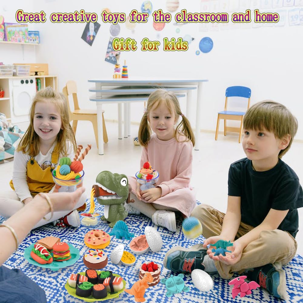 Play Clay Sets for Kids 2-4, Dinosaur Noodle Maker Toy, Play Set with Dinosaur Modle Eggs, Kitchen Toy Play Clay Clay for Making Noodle Cookies, Gift for 3 4 5 6 7 8 Year Old Boys Girls