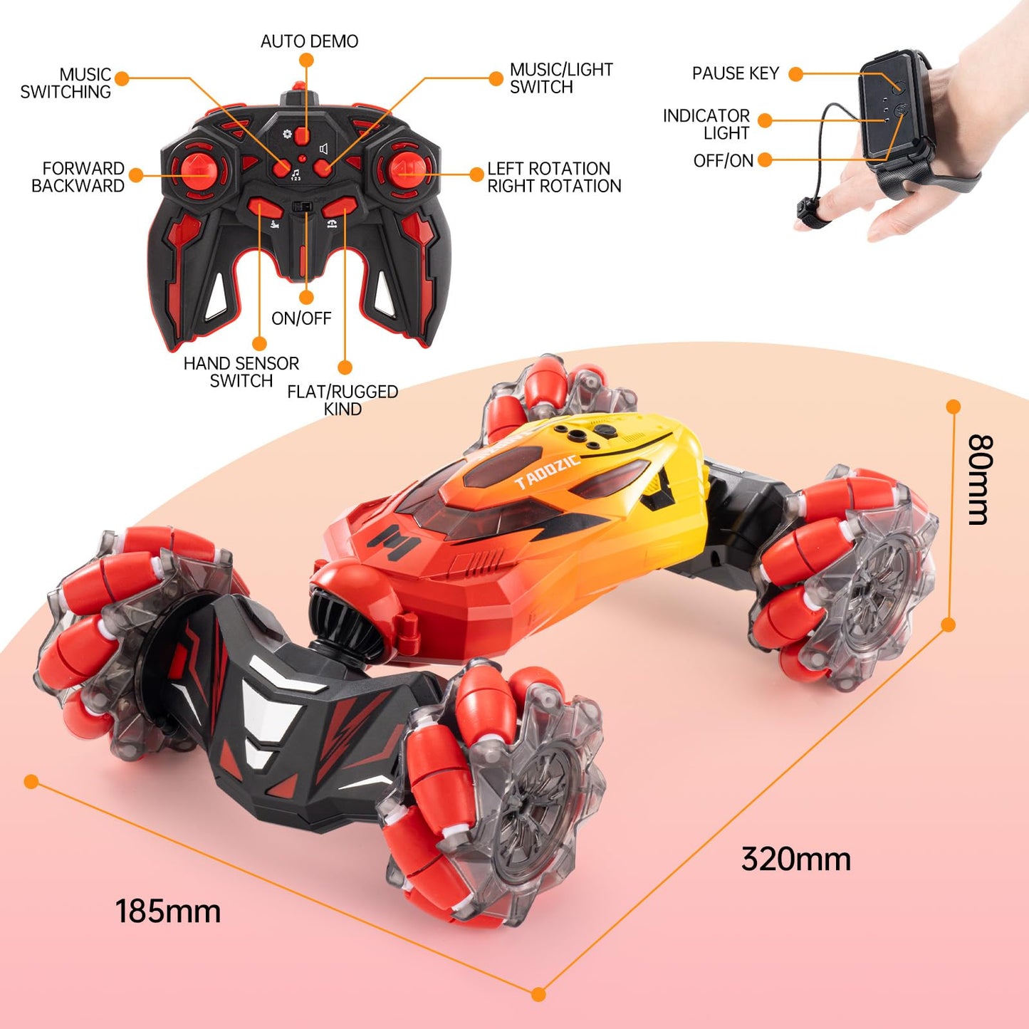 4WD Remote Control Gesture Sensor Car,Hand Controlled RC Stunt Car,Double-Sided Vehicle 360° Rotation with Light and Music Spray, Watch Toy Cars for Boys & Girls Birthday
