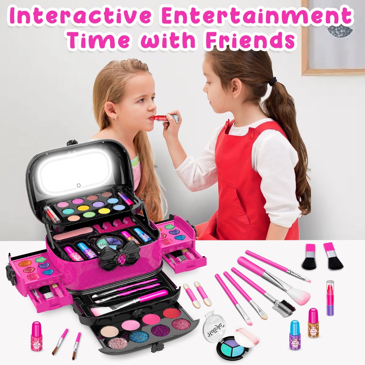 Hollyhi 58 Pcs Kids Makeup Kit for Girl, Princess Toys Real Washable Cosmetic Set with Mirror, Kids Makeup Sets for Girls, Play Make Up Birthday Gifts for 3 4 5 6 7 8 9 10 11 12 Years Old Kid (Rose)
