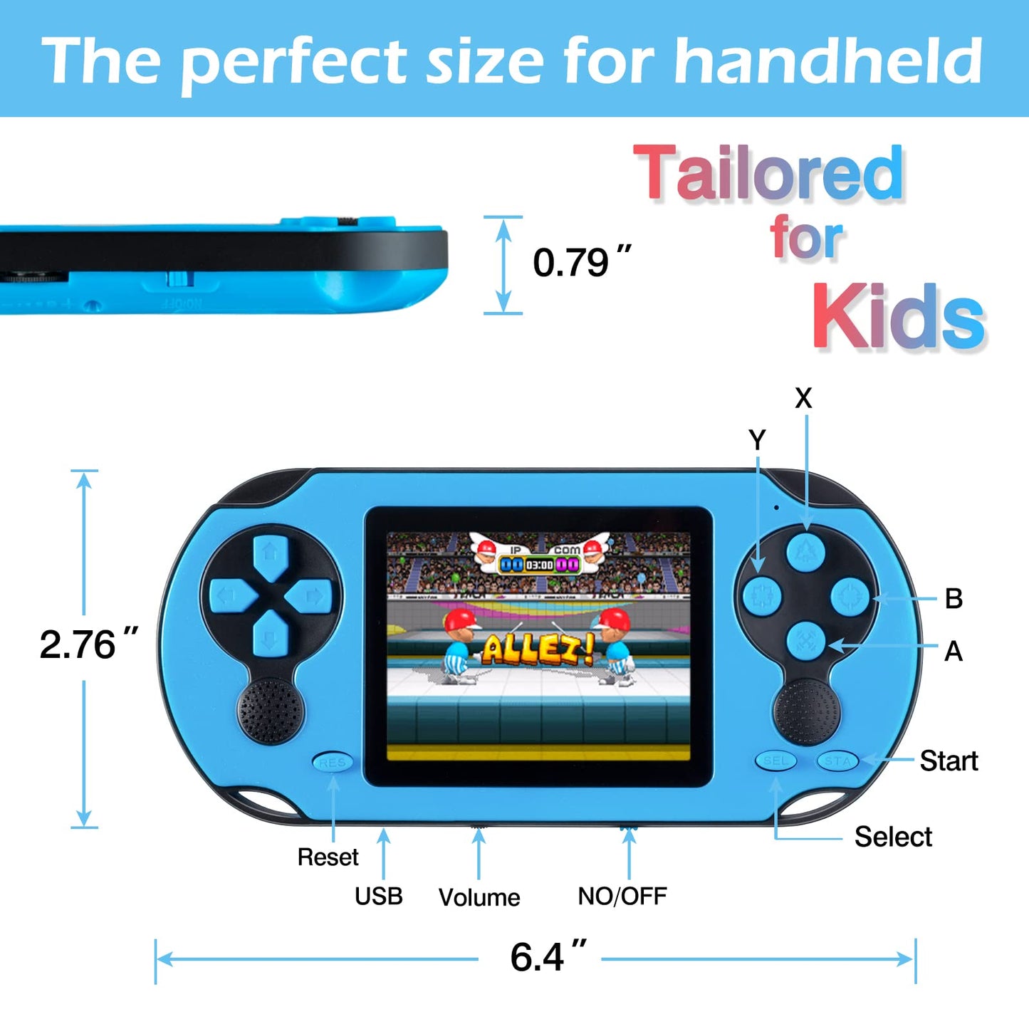 16 Bit Handheld Game for Kids Adults, 3.0'' Large Screen Preloaded 230 HD Classic Retro Video Games with USB Rechargeable Battery & 3 Game Cartridges for Birthday Gift for Kids 4-12 (Blue)
