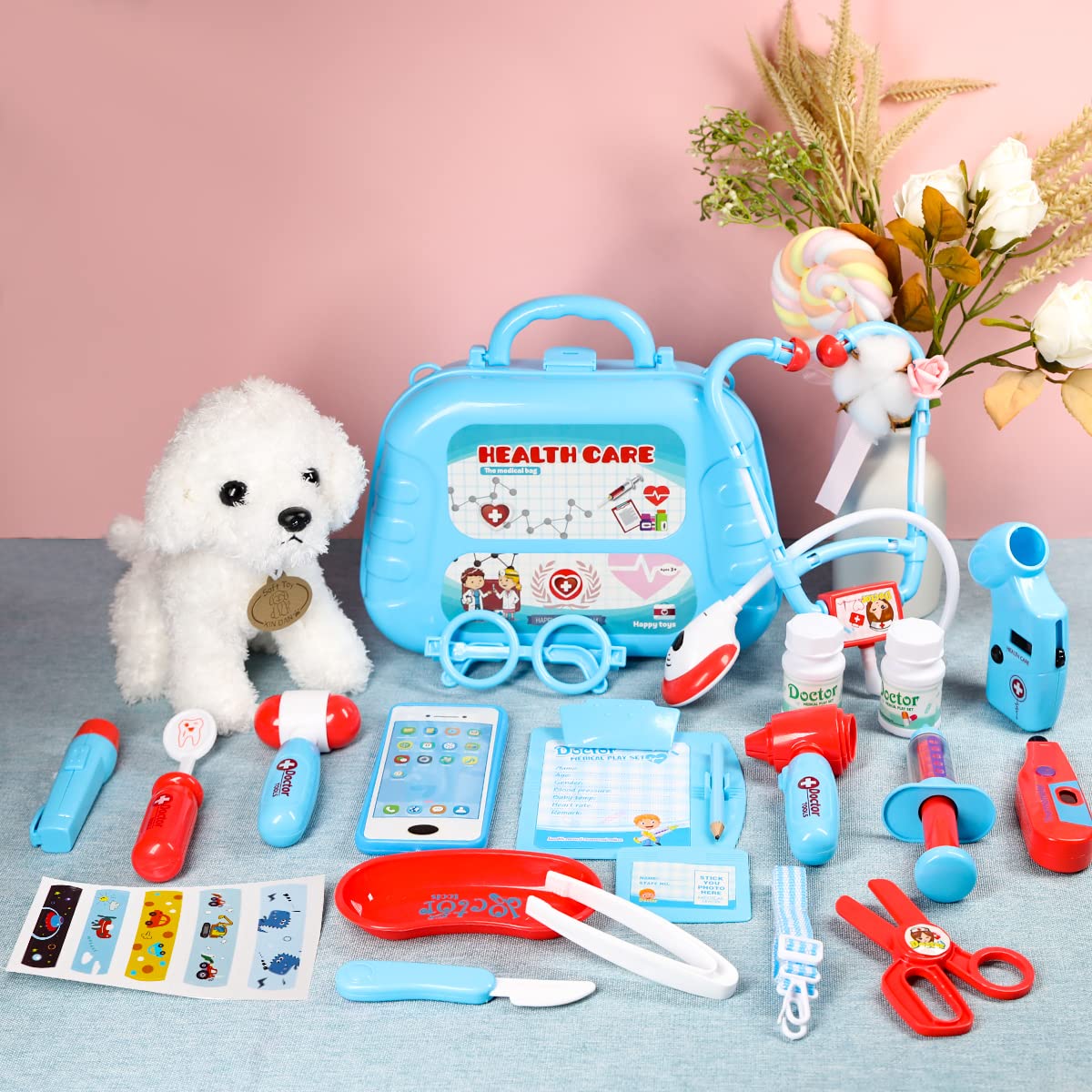 Meland Toy Doctor Kit for Girls - Pretend Play Doctor Set with Dog Toy, Carrying Bag, Stethoscope Toy & Dress Up Costume - Doctor Play Gift for Kids Toddlers Ages 3 4 5 6 Year Old for Role Play