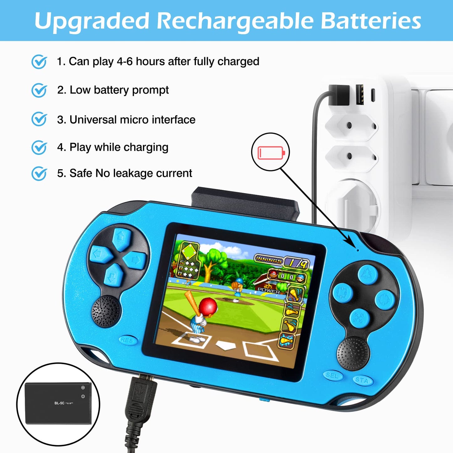 16 Bit Handheld Game for Kids Adults, 3.0'' Large Screen Preloaded 230 HD Classic Retro Video Games with USB Rechargeable Battery & 3 Game Cartridges for Birthday Gift for Kids 4-12 (Blue)