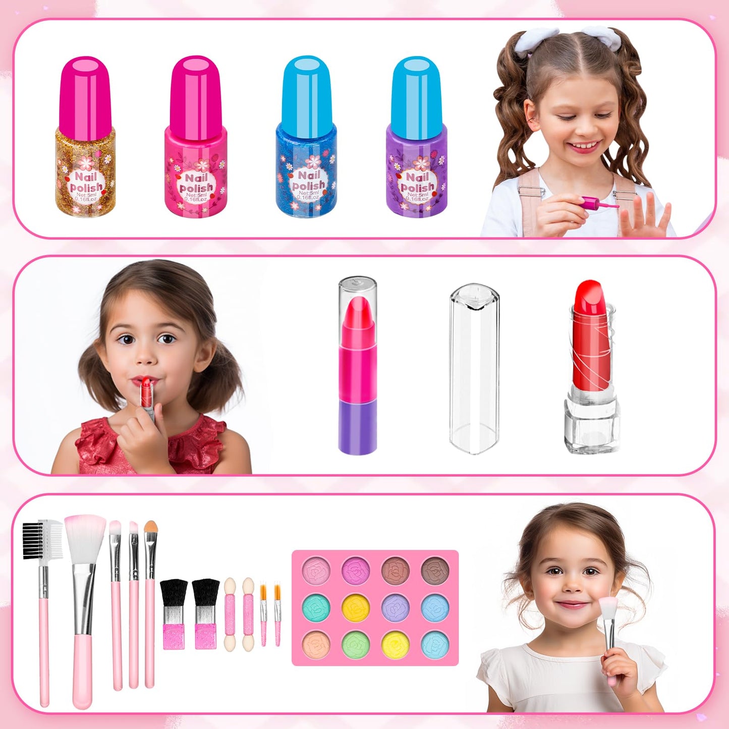 Hollyhi 58 Pcs Kids Makeup Kit for Girl, Princess Toys Real Washable Cosmetic Set with Mirror, Kids Makeup Sets for Girls, Play Make Up Birthday Gifts for 3 4 5 6 7 8 9 10 11 12 Years Old Kid (Rose)