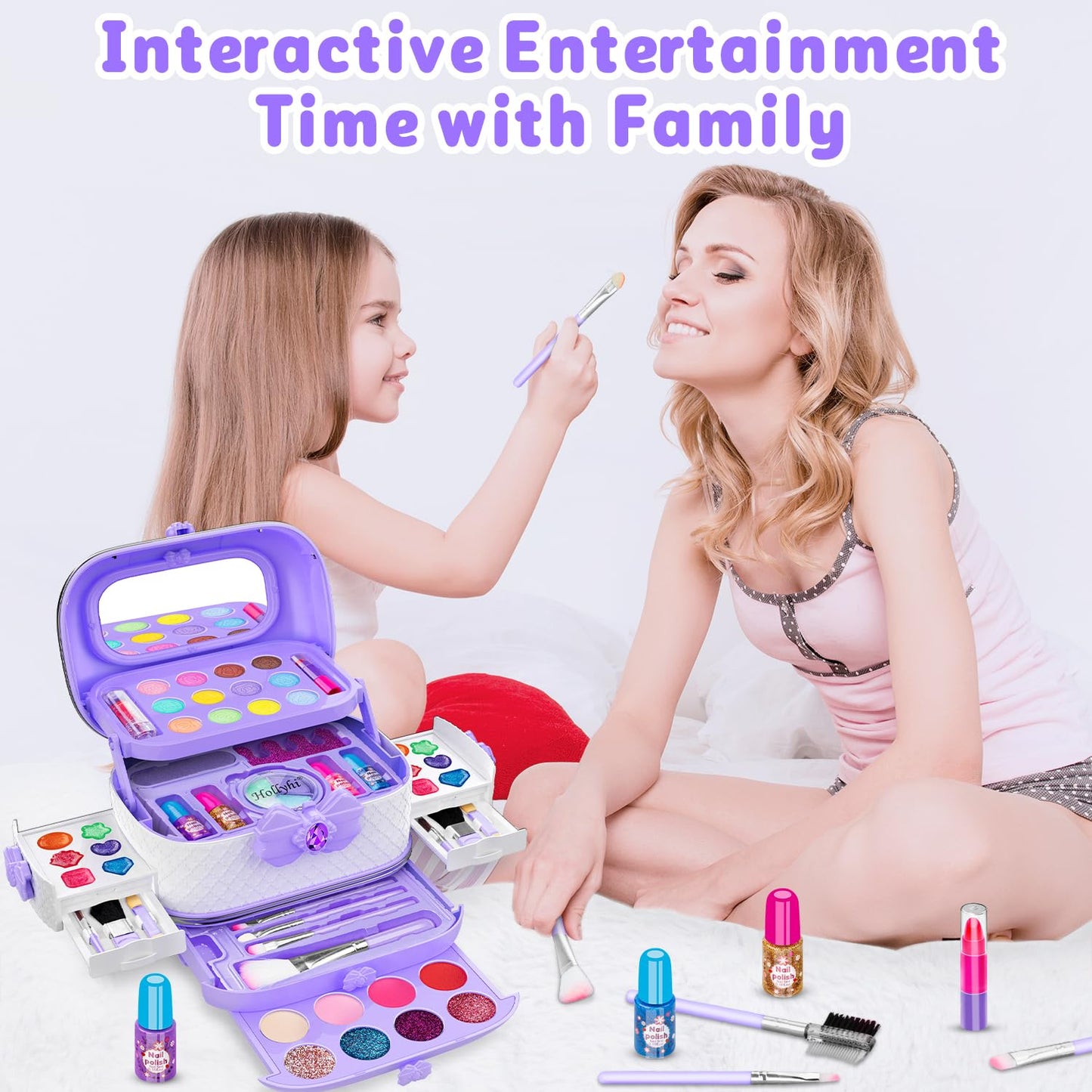 Hollyhi 58 Pcs Kids Makeup Kit for Girl, Princess Toys Real Washable Cosmetic Set with Mirror, Kids Makeup Sets for Girls, Play Make Up Birthday Gifts for 3 4 5 6 7 8 9 10 11 12 Years Old Kid (Rose)