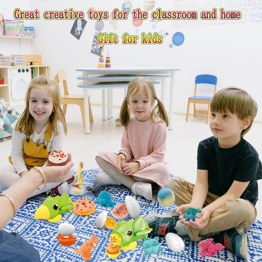 Play Clay Sets for Kids 2-4, Dinosaur Noodle Maker Toy, Play Set with Dinosaur Modle Eggs, Kitchen Toy Play Clay Clay for Making Noodle Cookies, Gift for 3 4 5 6 7 8 Year Old Boys Girls