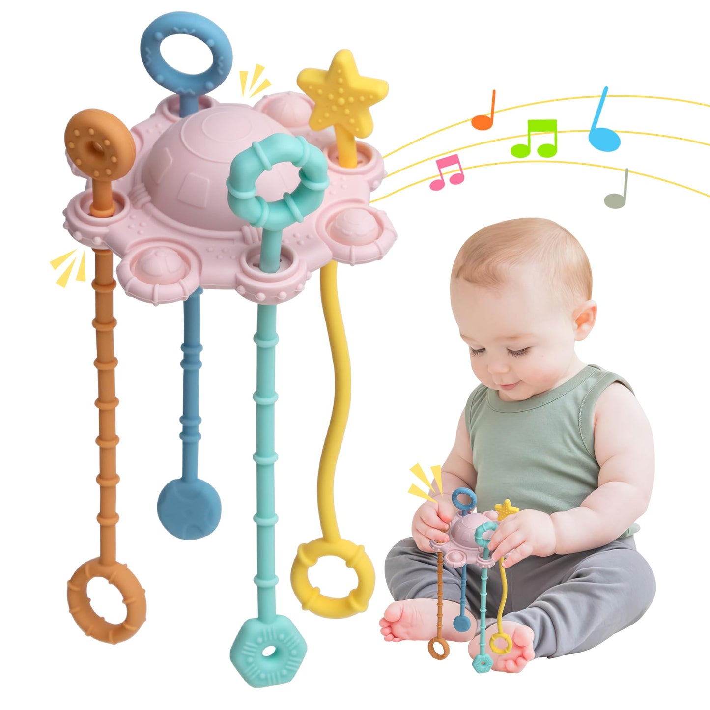 Montesorri-Toys - Pull String Toys for Baby - Made of 100% Food Grade Silicone with Built-in Rattle Function and Easy to Clean Design (Blue)
