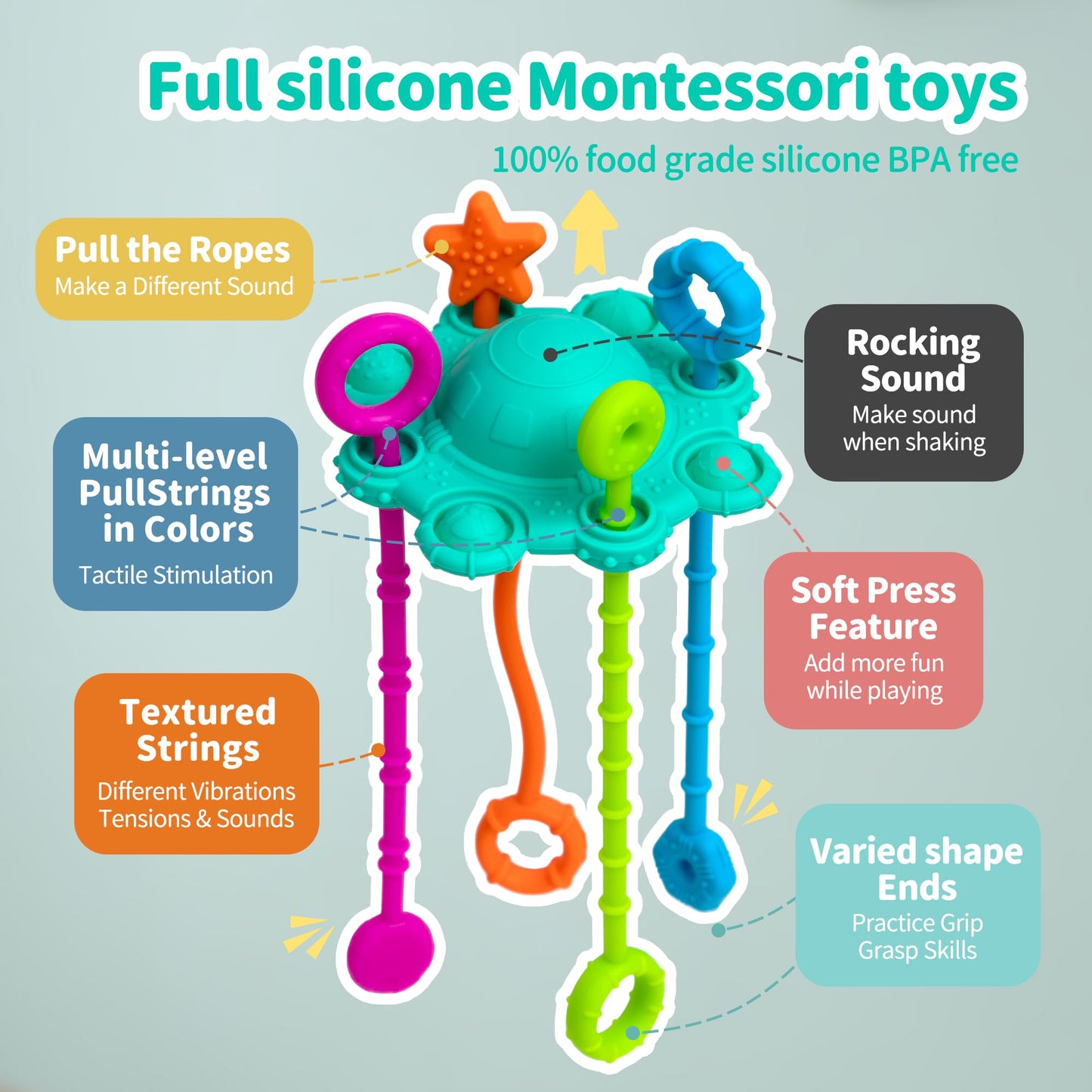 Montesorri-Toys - Pull String Toys for Baby - Made of 100% Food Grade Silicone with Built-in Rattle Function and Easy to Clean Design (Blue)