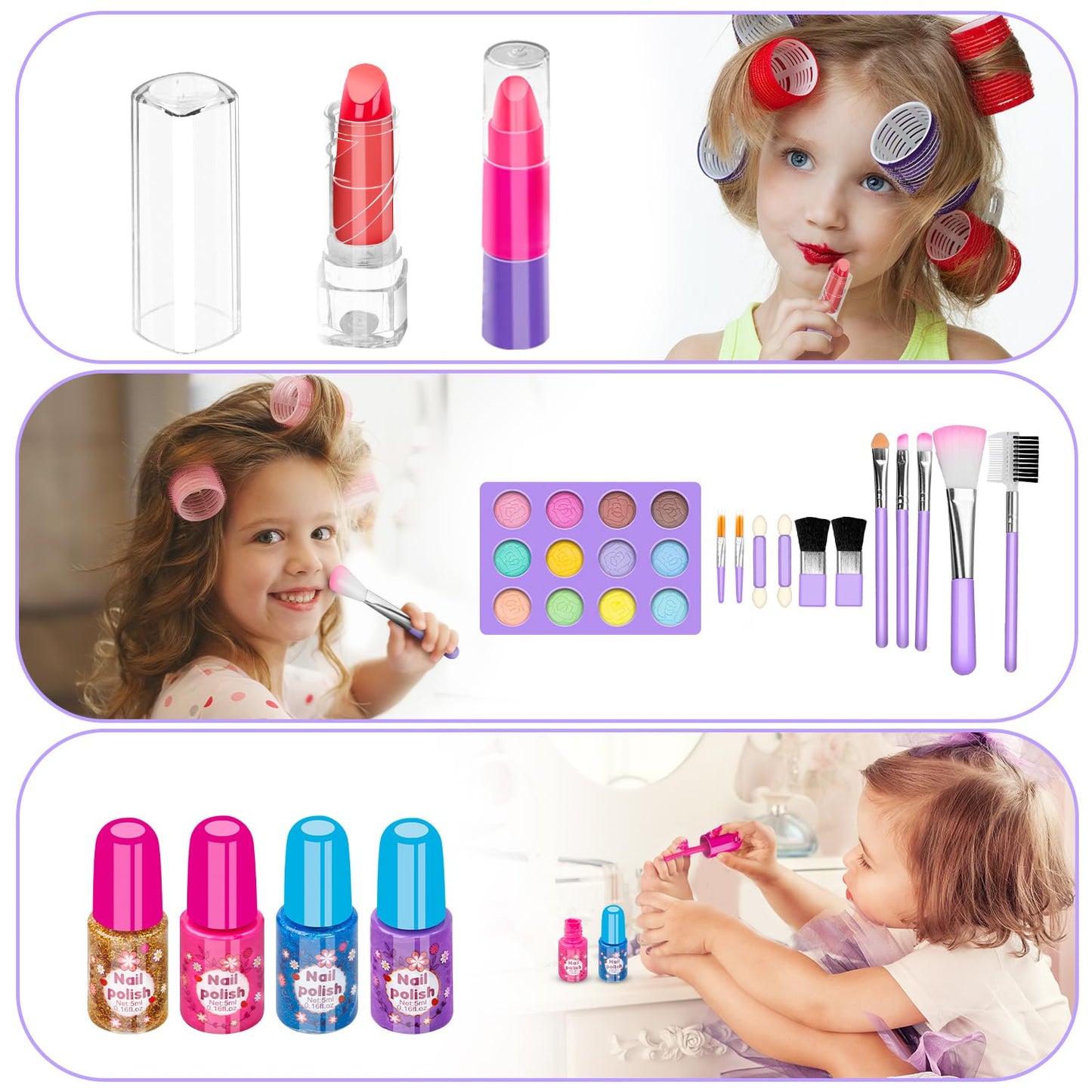 Hollyhi 58 Pcs Kids Makeup Kit for Girl, Princess Toys Real Washable Cosmetic Set with Mirror, Kids Makeup Sets for Girls, Play Make Up Birthday Gifts for 3 4 5 6 7 8 9 10 11 12 Years Old Kid (Rose)