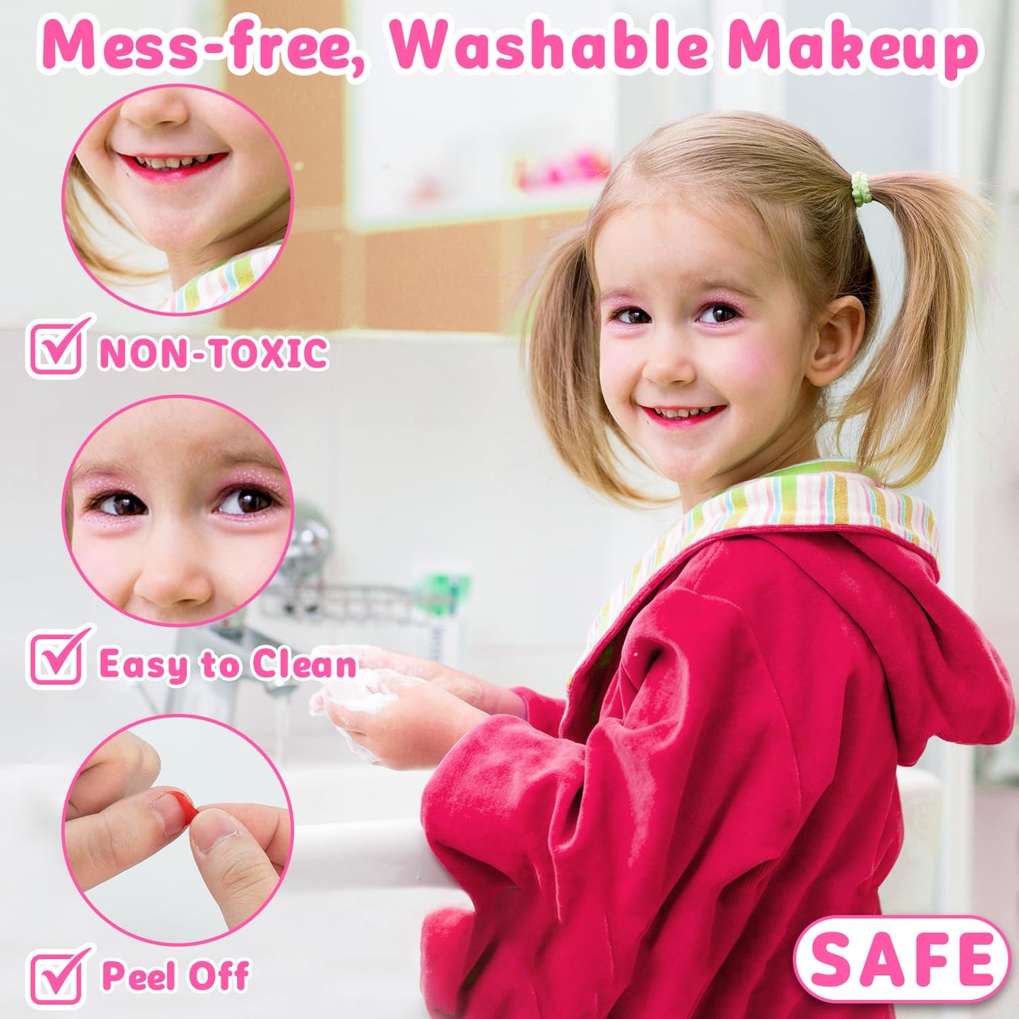 Hollyhi 58 Pcs Kids Makeup Kit for Girl, Princess Toys Real Washable Cosmetic Set with Mirror, Kids Makeup Sets for Girls, Play Make Up Birthday Gifts for 3 4 5 6 7 8 9 10 11 12 Years Old Kid (Rose)