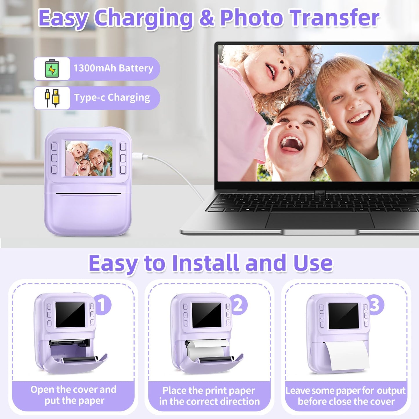 MINIBEAR Instant Print Camera for Kids Camera for Girls 48MP Kids Digital Camera, Toddler Selfie Video Camera Children Camera Christmas Birthday Gifts Toys for 3 4 5 6 7 8 9 10 Year Old Girls, Pink