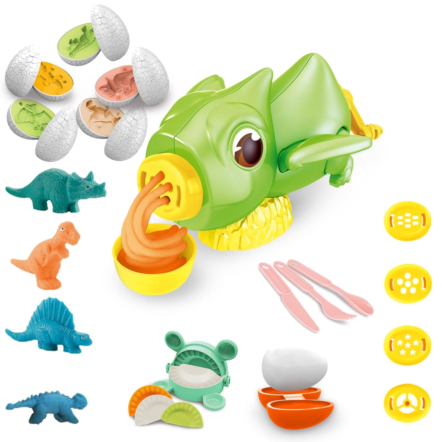 Play Clay Sets for Kids 2-4, Dinosaur Noodle Maker Toy, Play Set with Dinosaur Modle Eggs, Kitchen Toy Play Clay Clay for Making Noodle Cookies, Gift for 3 4 5 6 7 8 Year Old Boys Girls
