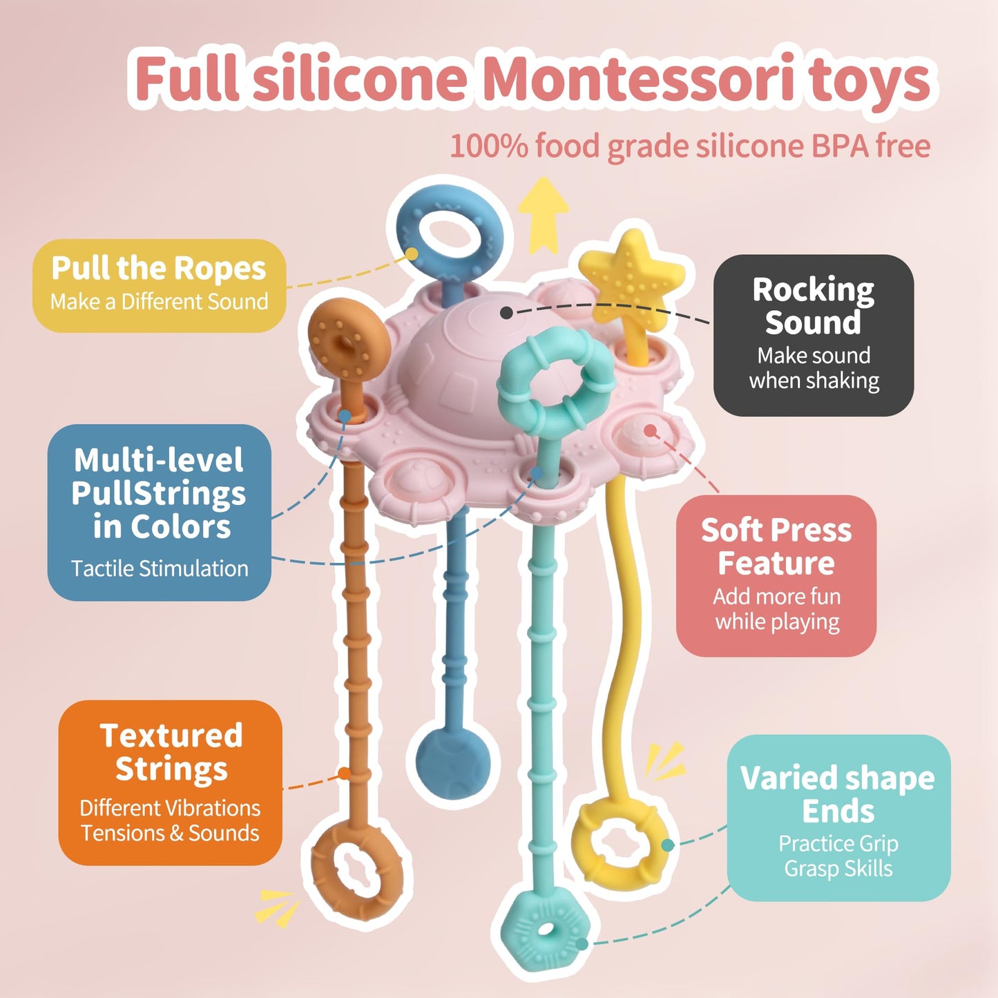 Montesorri-Toys - Pull String Toys for Baby - Made of 100% Food Grade Silicone with Built-in Rattle Function and Easy to Clean Design (Blue)