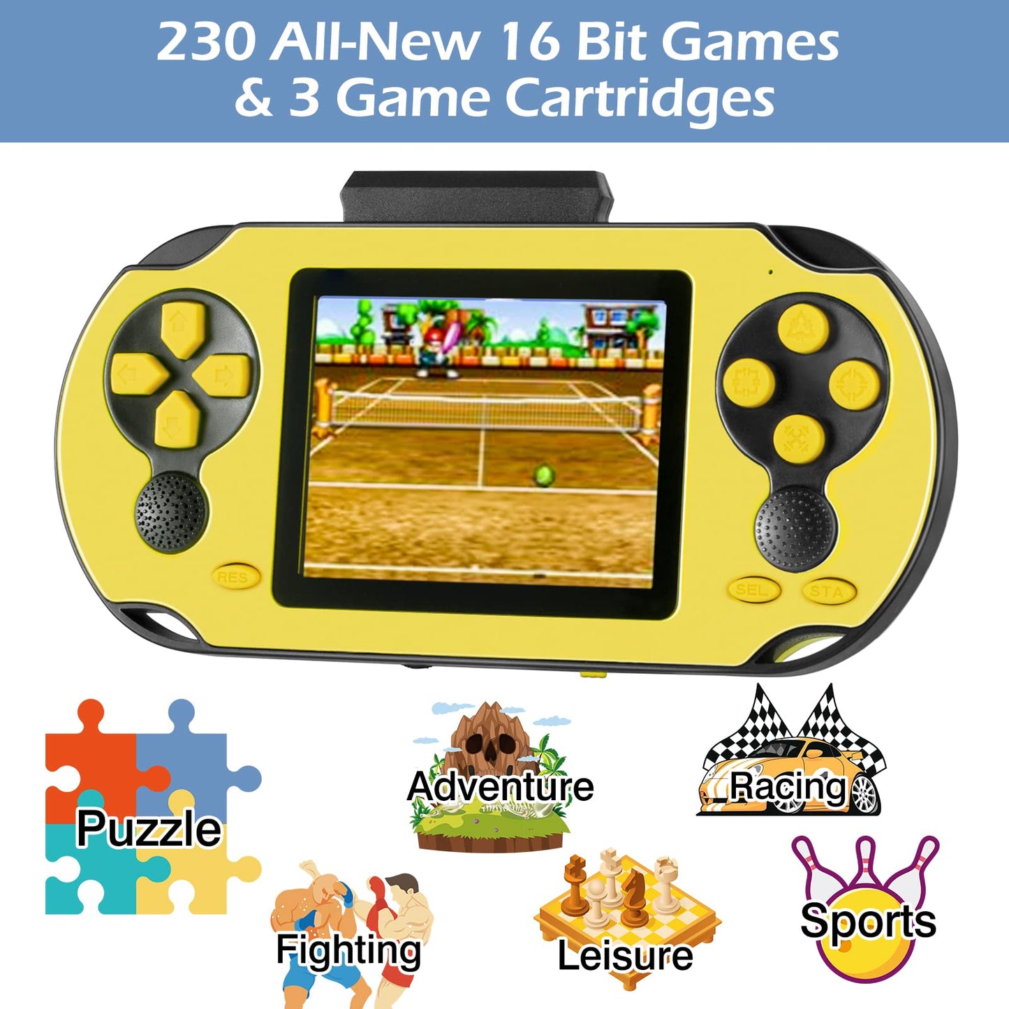 16 Bit Handheld Game for Kids Adults, 3.0'' Large Screen Preloaded 230 HD Classic Retro Video Games with USB Rechargeable Battery & 3 Game Cartridges for Birthday Gift for Kids 4-12 (Blue)
