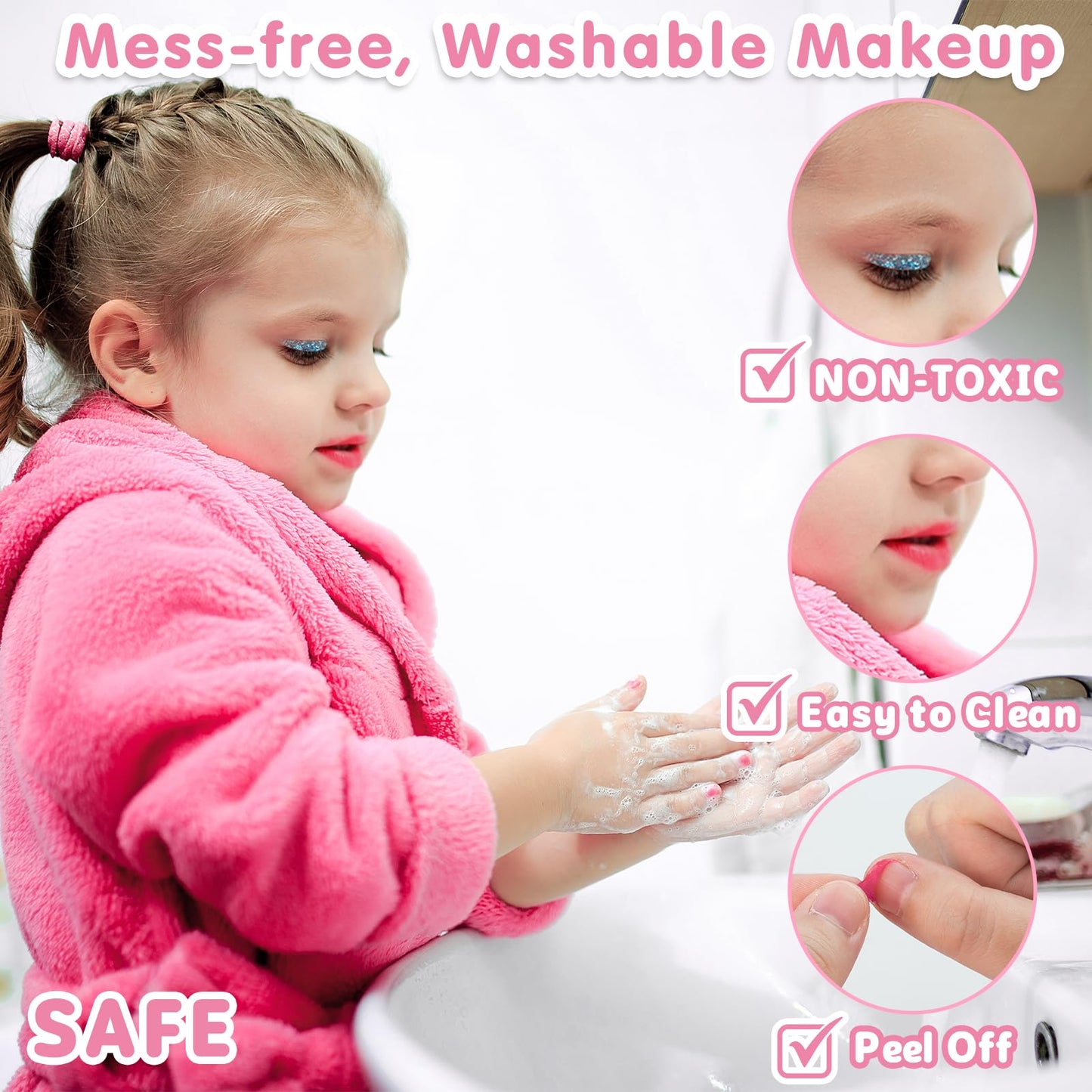 Hollyhi 58 Pcs Kids Makeup Kit for Girl, Princess Toys Real Washable Cosmetic Set with Mirror, Kids Makeup Sets for Girls, Play Make Up Birthday Gifts for 3 4 5 6 7 8 9 10 11 12 Years Old Kid (Rose)