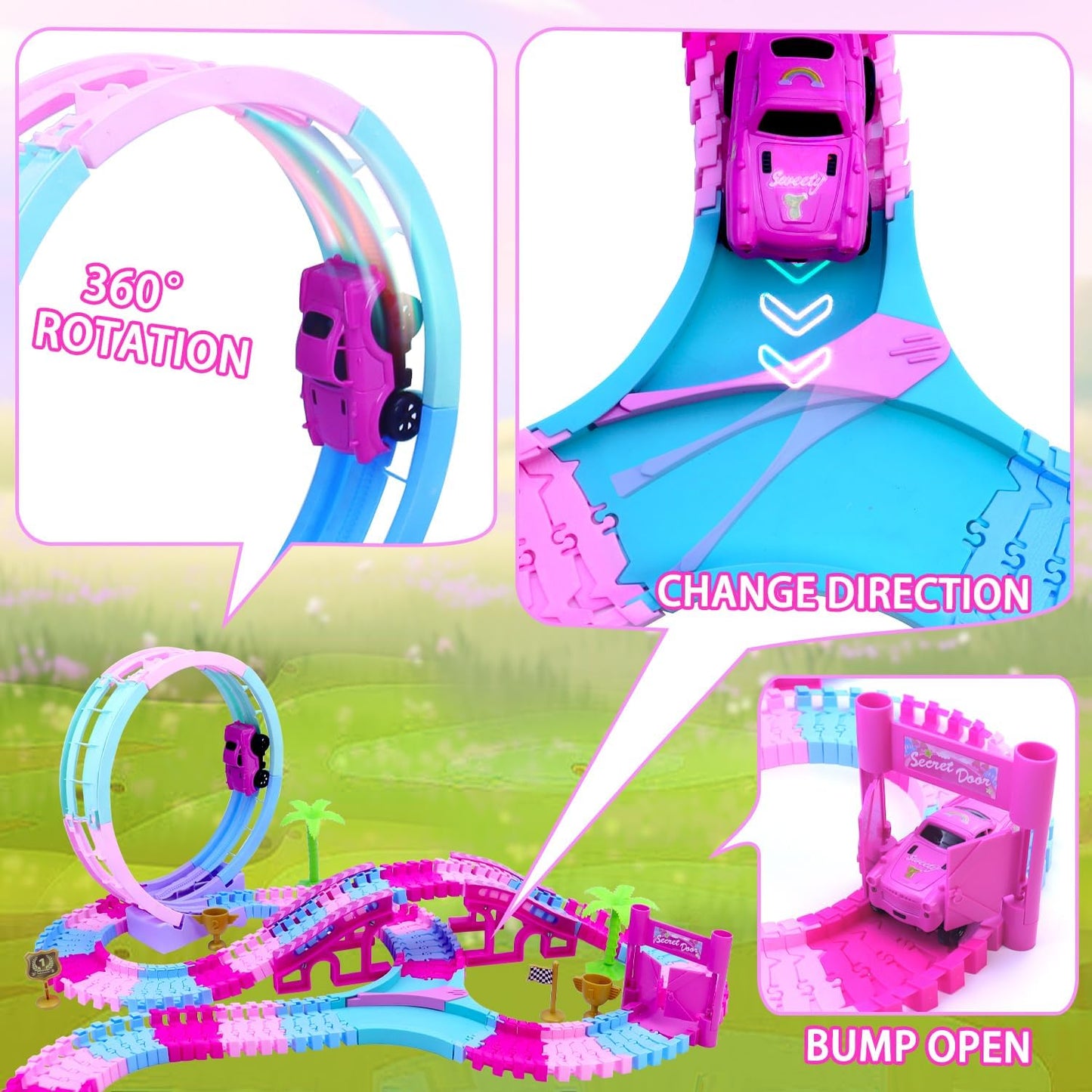 178 PCS Track Toy, Pink Racing Tracks Toys for 3 4 5 6 Year Old Girls, Flexible Tracks Car Magic Bendable Race Track Princess Toys with Light & Music for Toddlers, Kids and Girl Xmas Birthdays Gifts