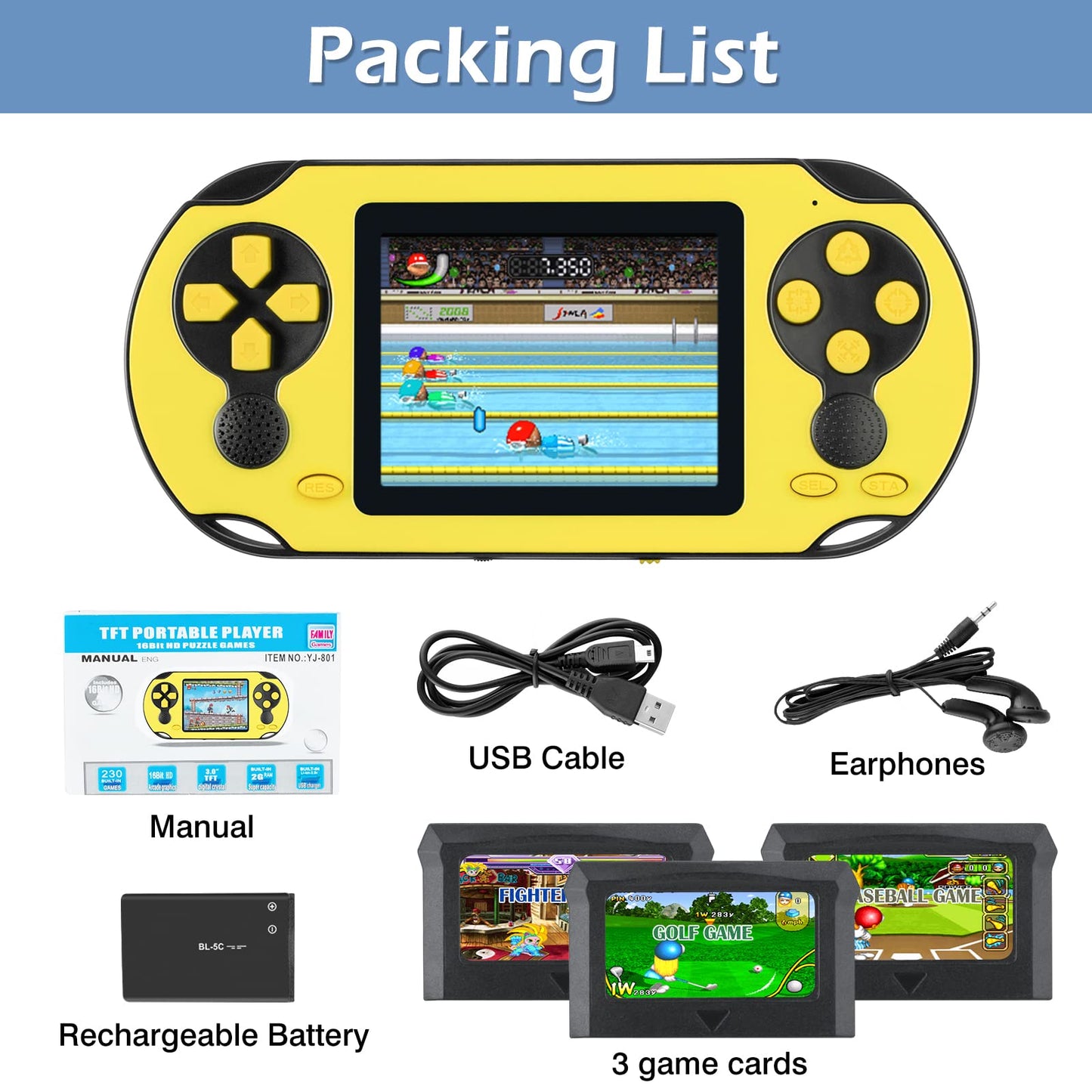 16 Bit Handheld Game for Kids Adults, 3.0'' Large Screen Preloaded 230 HD Classic Retro Video Games with USB Rechargeable Battery & 3 Game Cartridges for Birthday Gift for Kids 4-12 (Blue)