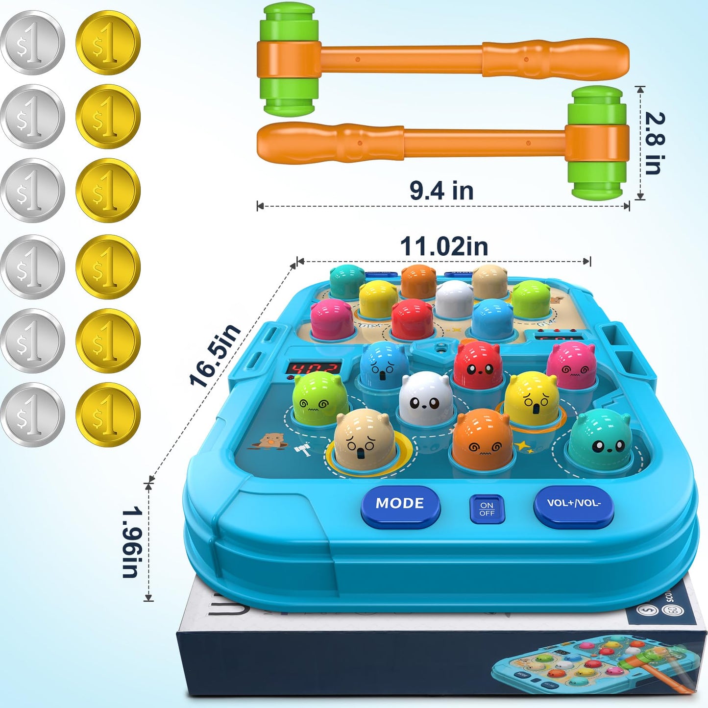 HopeRock Toys for 2 3 4 5 Year Old Boy,Toddler Toys Age 2-4, Whack A Frog Game,with 5 Modes,45 Levels,9 Music Spray and Light-up, Baby Toy Gifts for Early Learning, Birthday Gift for Toddler Boy Toys