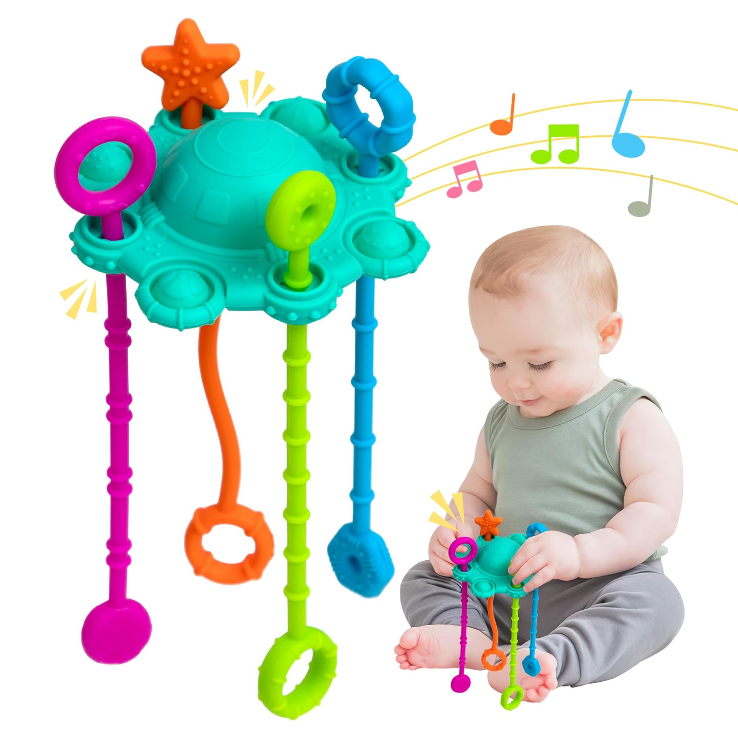 Montesorri-Toys - Pull String Toys for Baby - Made of 100% Food Grade Silicone with Built-in Rattle Function and Easy to Clean Design (Blue)