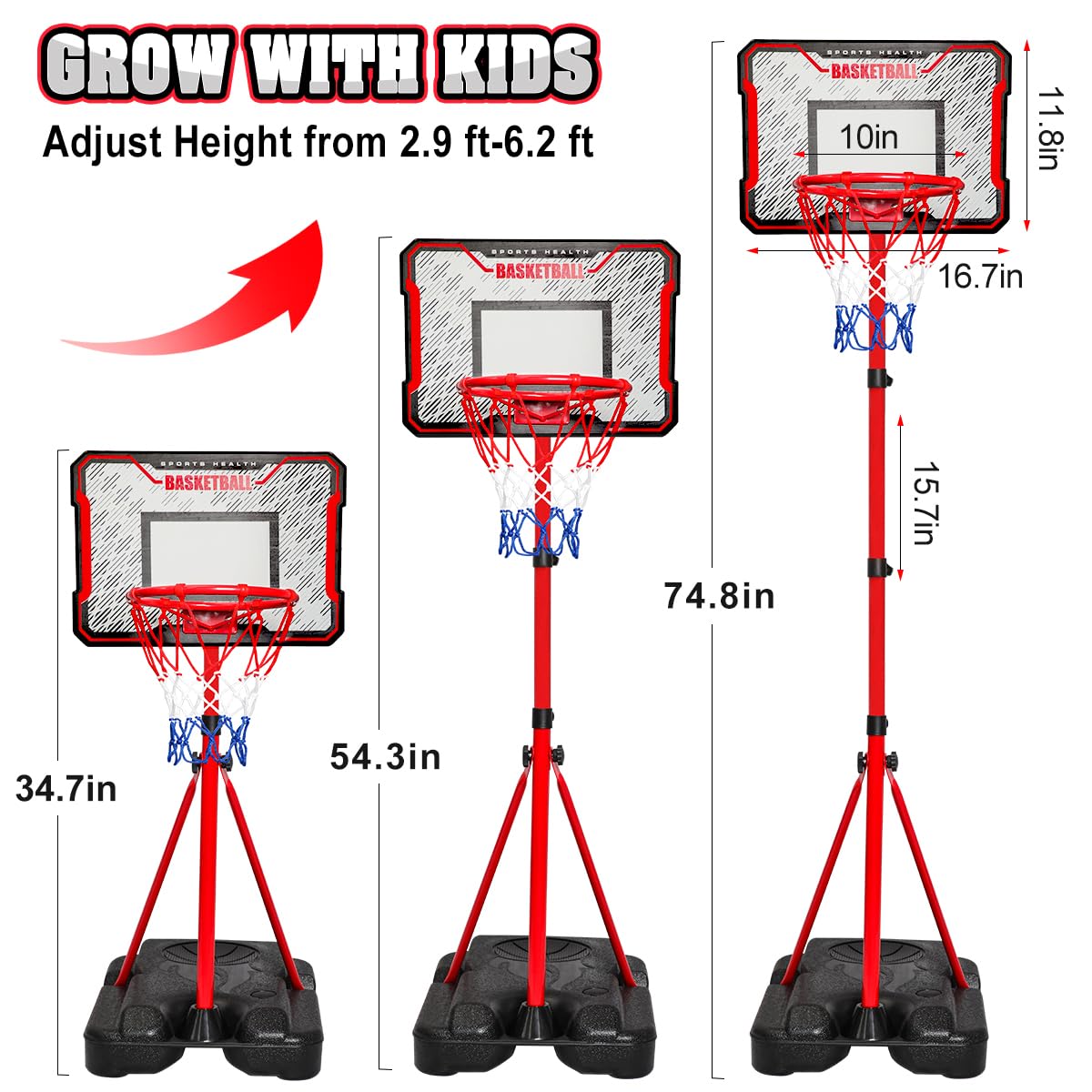 Meland Kids Basketball Hoop, Adjustable Height 3.4ft-6.2ft Toddler Basketball Hoop for Kids Basketball Goal Indoor Outdoor Toys Outside Toys for Boys 3-8
