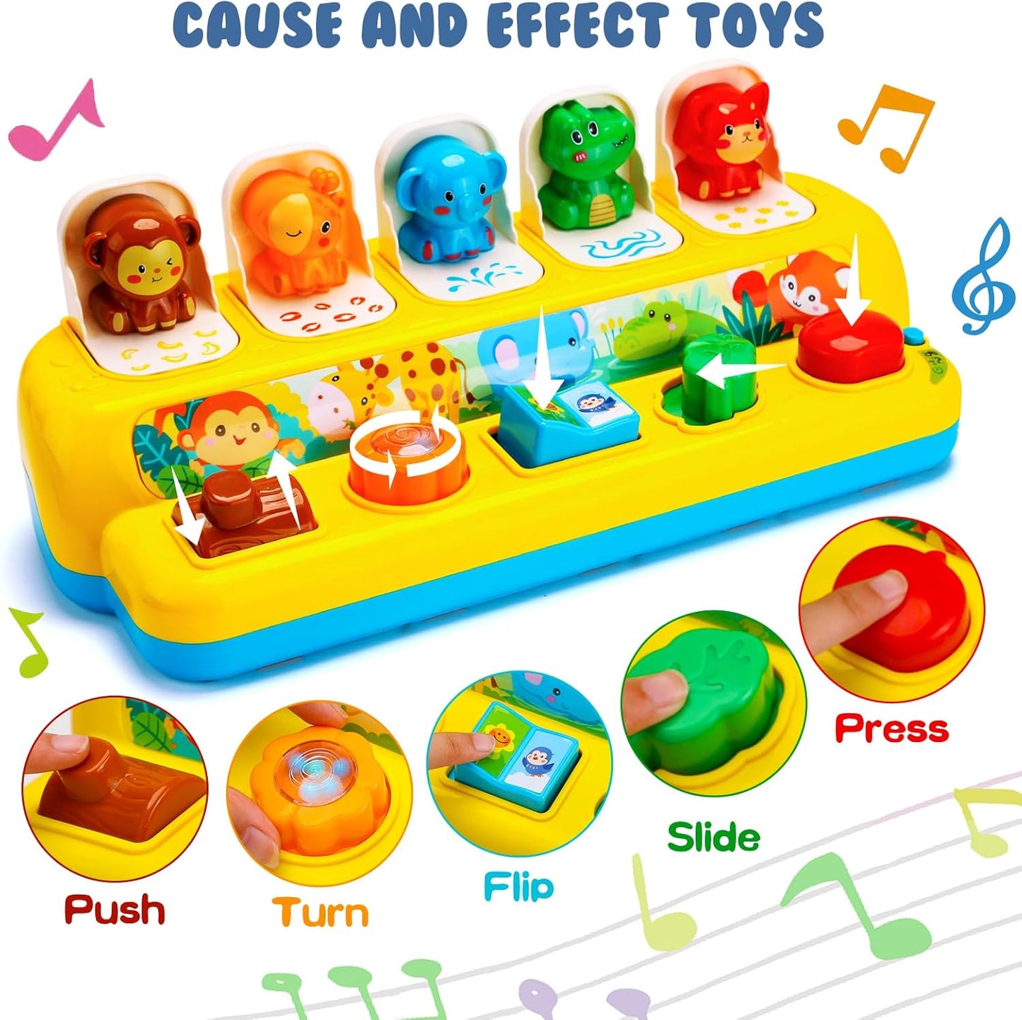 Interactive Pop up Animal Toys with Music & Light, Montessori Cause and Effect for 1 Year Old Boy Girl Early Learning Musical Baby 9-12-18 Months STEM Toddler Age 1-2 Gift Infant 35165M