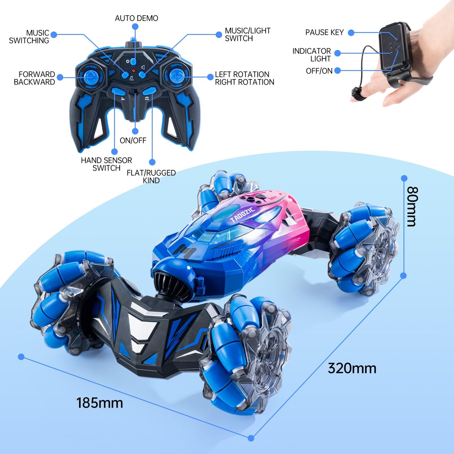 4WD Remote Control Gesture Sensor Car,Hand Controlled RC Stunt Car,Double-Sided Vehicle 360° Rotation with Light and Music Spray, Watch Toy Cars for Boys & Girls Birthday