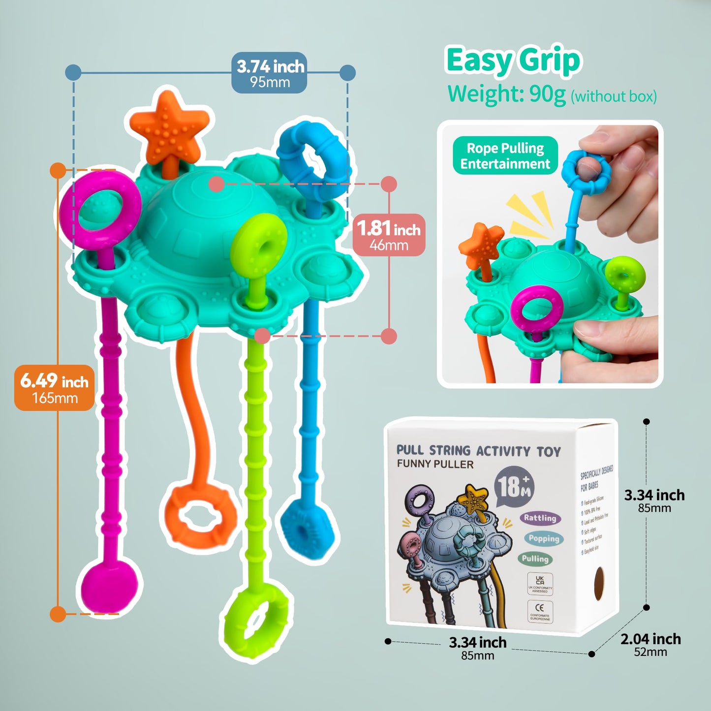 Montesorri-Toys - Pull String Toys for Baby - Made of 100% Food Grade Silicone with Built-in Rattle Function and Easy to Clean Design (Blue)