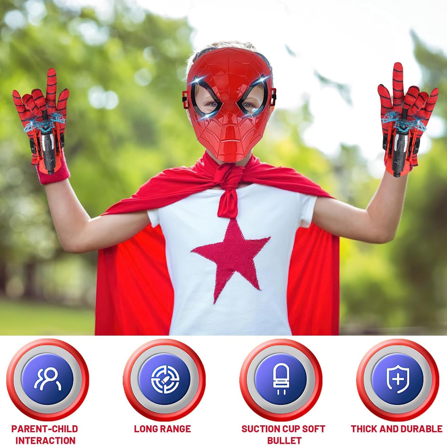 Superhero Costume Spider Web String Launcher Slinging Toy Set, Includes 2 Web Shooters, 2 Gloves, 2 Hero Masks, 1 Dart Board and 1 Cape, Ideal for Kids Indoor Outdoor Imaginative Role-Playing