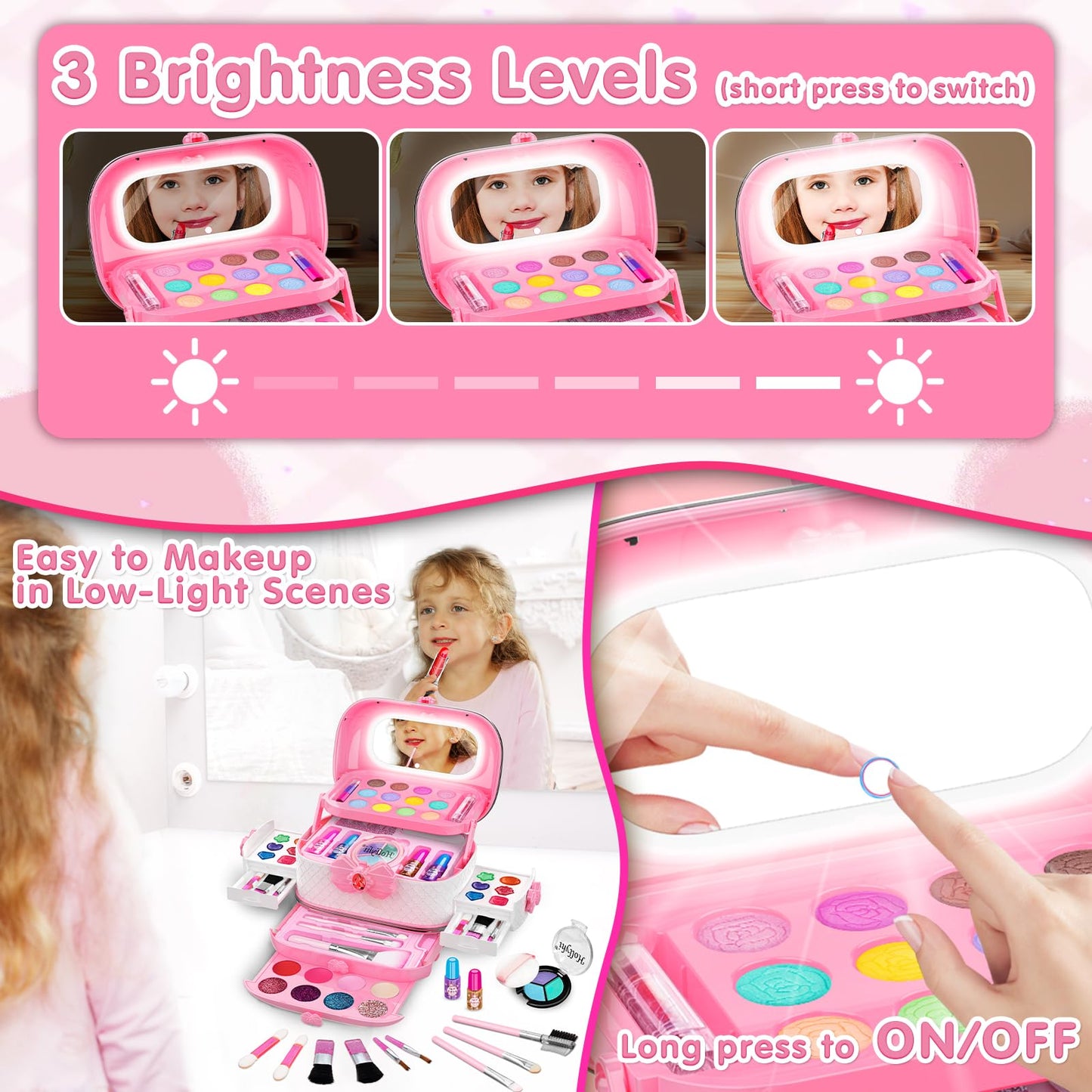 Hollyhi 58 Pcs Kids Makeup Kit for Girl, Princess Toys Real Washable Cosmetic Set with Mirror, Kids Makeup Sets for Girls, Play Make Up Birthday Gifts for 3 4 5 6 7 8 9 10 11 12 Years Old Kid (Rose)