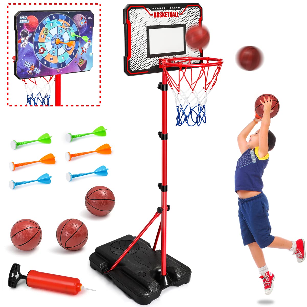 Meland Kids Basketball Hoop, Adjustable Height 3.4ft-6.2ft Toddler Basketball Hoop for Kids Basketball Goal Indoor Outdoor Toys Outside Toys for Boys 3-8
