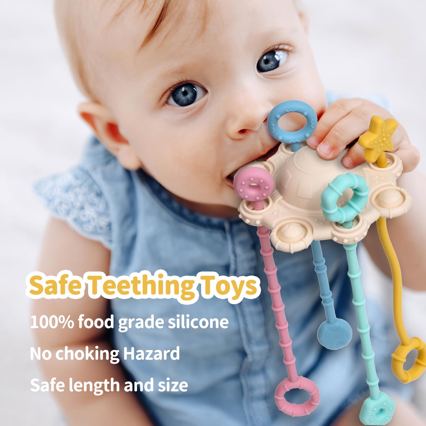 Montesorri-Toys - Pull String Toys for Baby - Made of 100% Food Grade Silicone with Built-in Rattle Function and Easy to Clean Design (Blue)