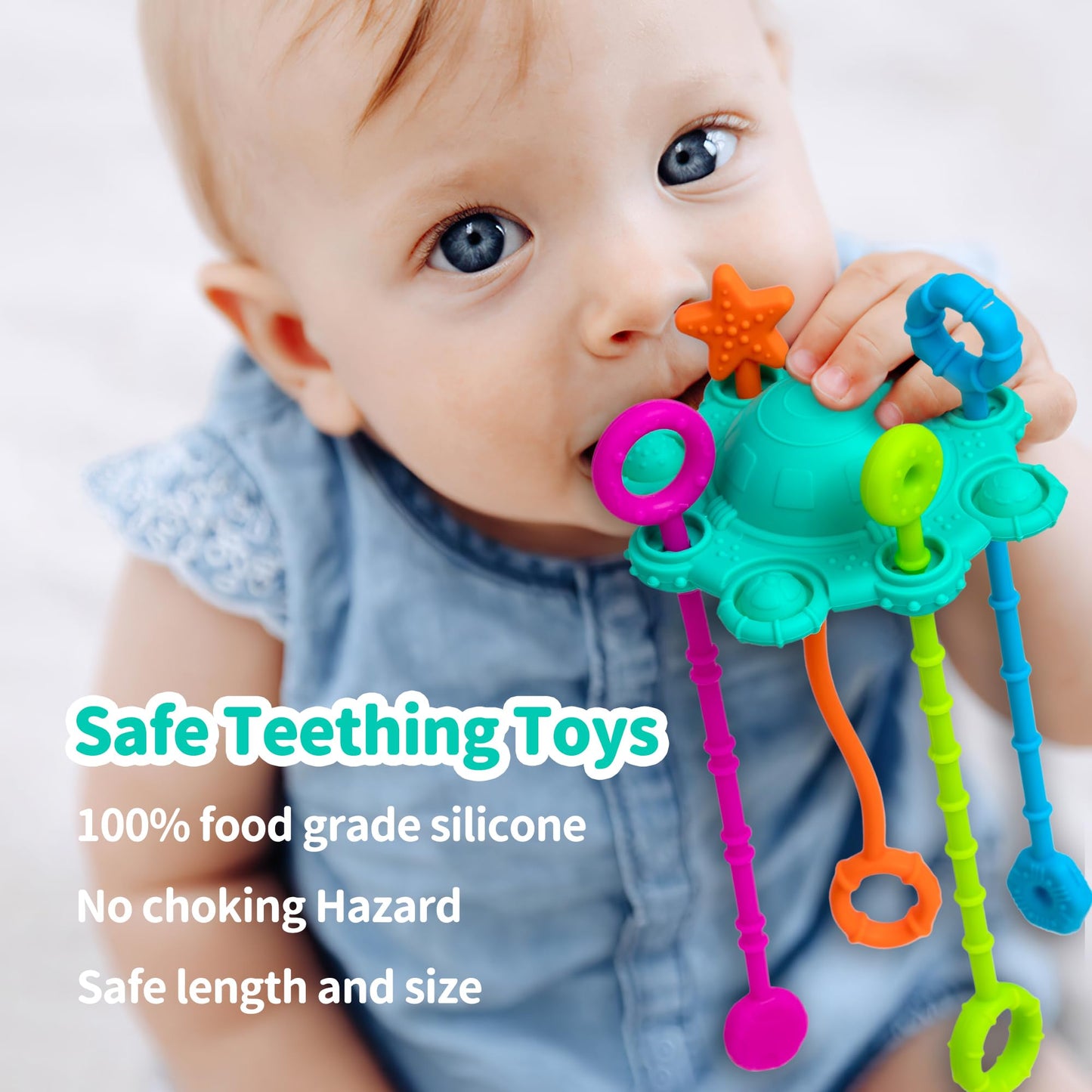 Montesorri-Toys - Pull String Toys for Baby - Made of 100% Food Grade Silicone with Built-in Rattle Function and Easy to Clean Design (Blue)