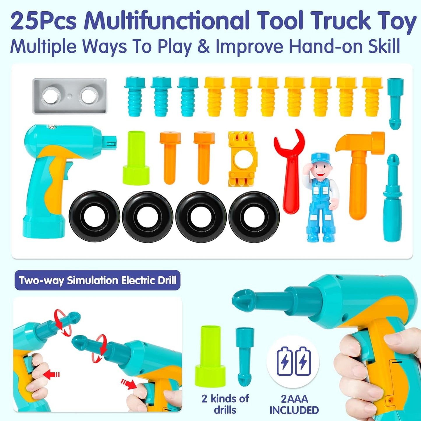 2 3 Year Old Boy Toys Birthday Gift, Toddler Toys 1-2-3 with Electric Drill, Toddler Tool Set, Learning Toys for Toddlers 1-3, Take Apart Toys for Ages 2-4 STEM Toys