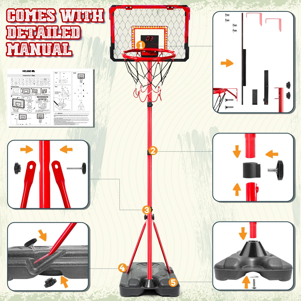 Meland Kids Basketball Hoop, Adjustable Height 3.4ft-6.2ft Toddler Basketball Hoop for Kids Basketball Goal Indoor Outdoor Toys Outside Toys for Boys 3-8