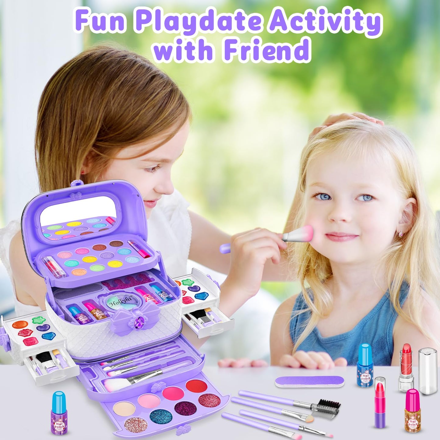 Hollyhi 58 Pcs Kids Makeup Kit for Girl, Princess Toys Real Washable Cosmetic Set with Mirror, Kids Makeup Sets for Girls, Play Make Up Birthday Gifts for 3 4 5 6 7 8 9 10 11 12 Years Old Kid (Rose)