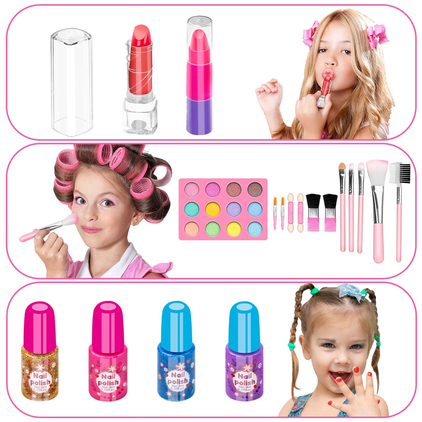Hollyhi 58 Pcs Kids Makeup Kit for Girl, Princess Toys Real Washable Cosmetic Set with Mirror, Kids Makeup Sets for Girls, Play Make Up Birthday Gifts for 3 4 5 6 7 8 9 10 11 12 Years Old Kid (Rose)