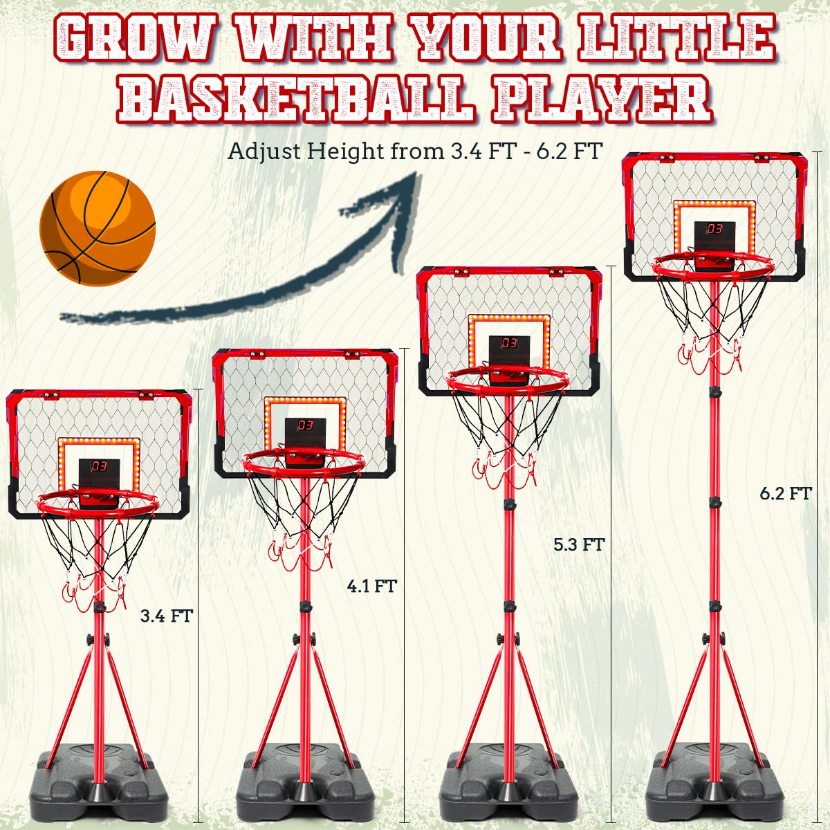Meland Kids Basketball Hoop, Adjustable Height 3.4ft-6.2ft Toddler Basketball Hoop for Kids Basketball Goal Indoor Outdoor Toys Outside Toys for Boys 3-8