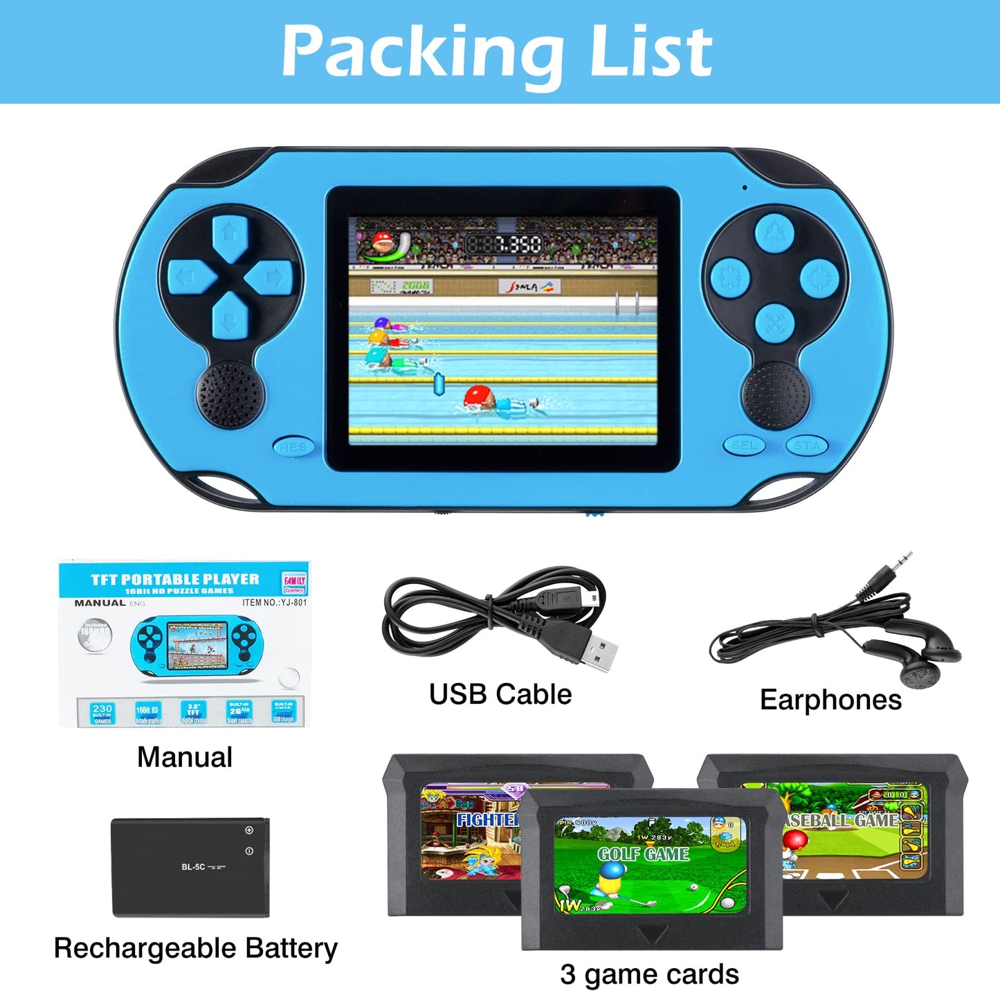 16 Bit Handheld Game for Kids Adults, 3.0'' Large Screen Preloaded 230 HD Classic Retro Video Games with USB Rechargeable Battery & 3 Game Cartridges for Birthday Gift for Kids 4-12 (Blue)